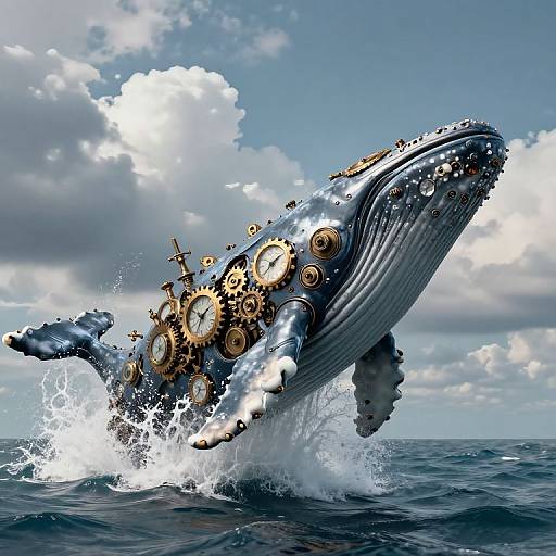 Digital artwork of a steampunk whale with gold gears and clockwork mechanisms, leaping out of the ocean under a cloudy sky.