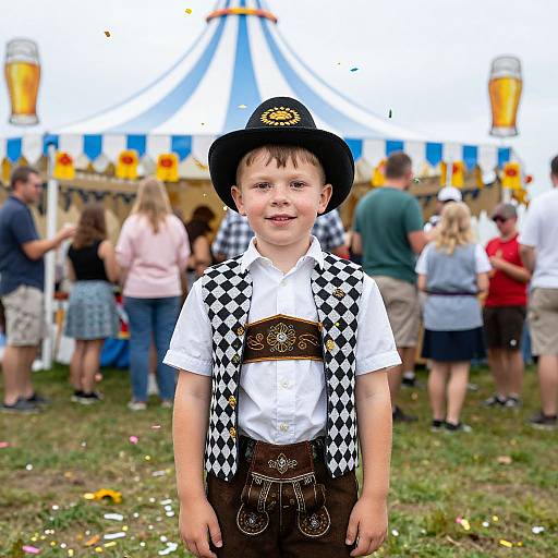 Photograph of a smiling young boy in traditional Bavarian attire, including black hat, checkered vest, brown leather suspenders, and lederh