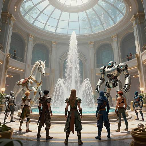 Futuristic Fantasy Hall with Diverse Characters