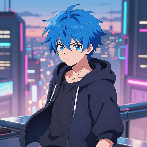 Anime-style digital drawing of a blue-haired, blue-eyed boy in a black hoodie, standing on a neon-lit city balcony at twilight.