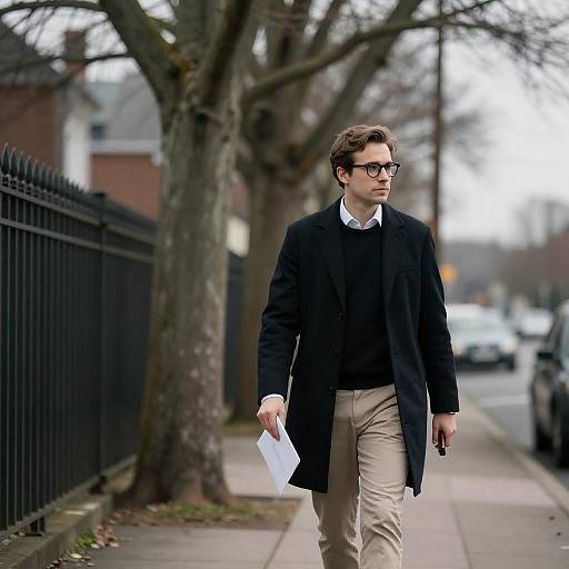 Young man walking on sidewalk in black overcoat