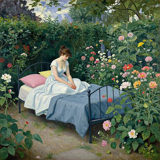 Photograph-style painting of a young woman in a white dress and yellow blouse, sitting on a black metal bed in a lush garden surrounded by colorful flowers