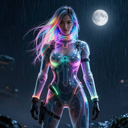 Photorealistic CGI of a neon-lit, futuristic cyborg woman with rainbow hair, standing in a rainy night, under a full moon.