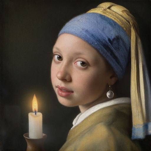 Digital painting of a young girl with fair skin, blue headscarf, and gold headdress, holding a lit candle, dark background.