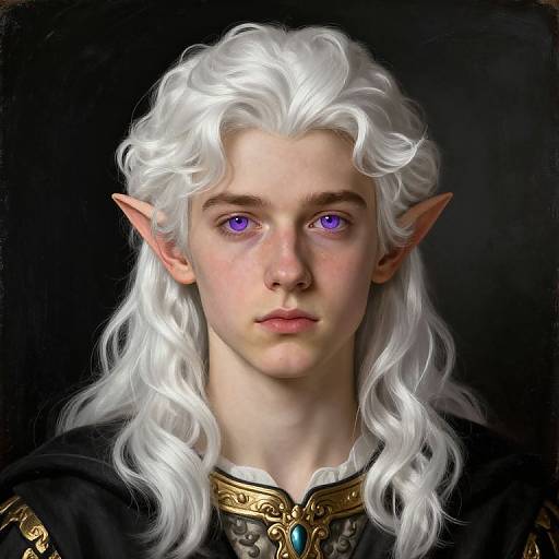 Digital portrait of a pale-skinned, white-haired elf with pointed ears, vibrant purple eyes, and a black medieval-style garment with gold accents.