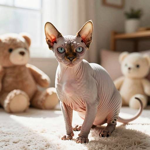 Photograph of a Sphynx cat with blue eyes, standing on a sunlit carpet, surrounded by two large teddy bears in a cozy