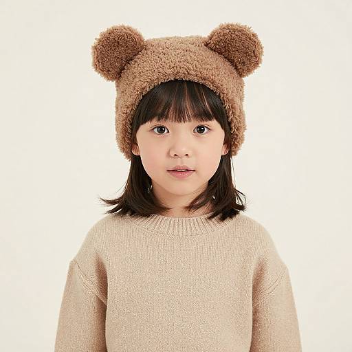 Photograph of an Asian girl with medium-length black hair wearing a brown, fuzzy bear-eared hat and a beige sweater against a white background.