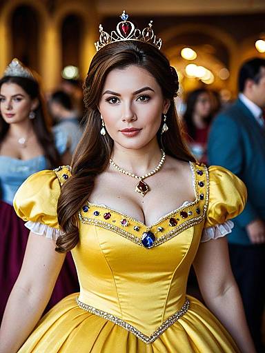 Woman in Yellow Belle Princess Costume with Crown