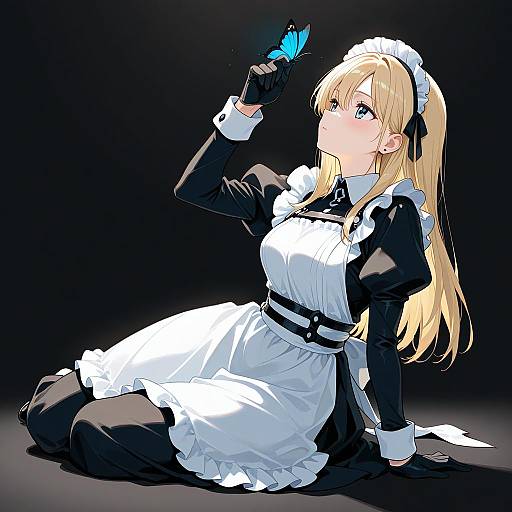Anime-style digital drawing of a blonde maid with blue eyes, wearing a black and white outfit, sitting and gently holding a glowing blue butterfly.