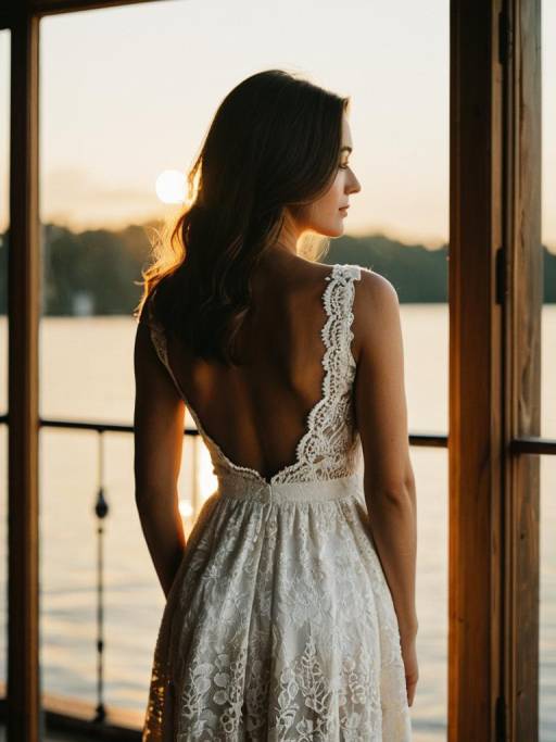 Woman in White Lace Dress by Window