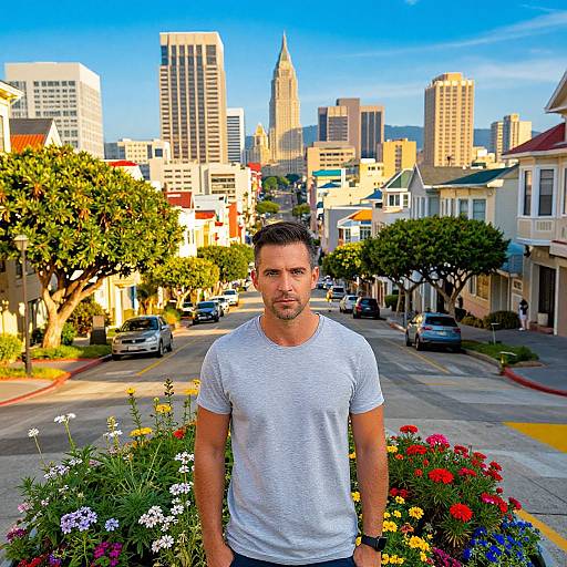 Photograph of a handsome, bearded man in a white t-shirt standing in a colorful flowerbed, with a vibrant cityscape of San Francisco skys