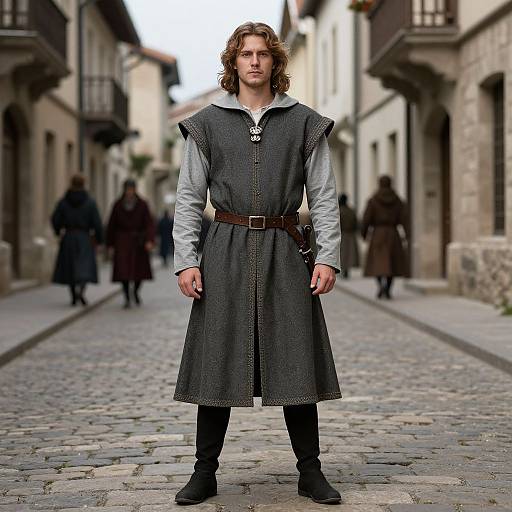 Photograph of a young man with long curly brown hair, wearing a medieval-style gray dress with a brown belt and black boots, standing in a cob
