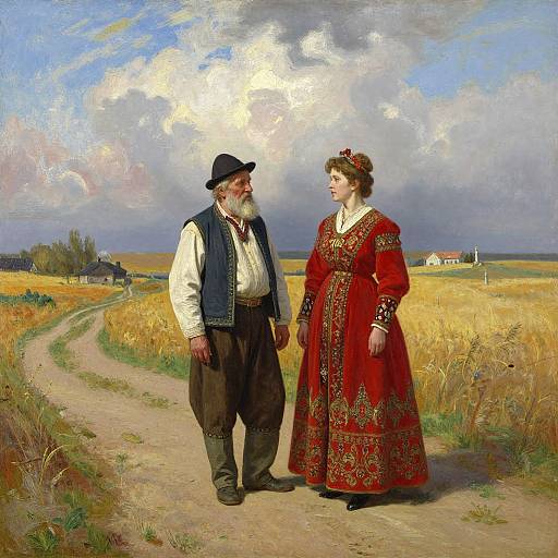 Oil painting of elderly bearded man in traditional vest and hat, standing on dirt path with young woman in ornate red dress, looking at each other