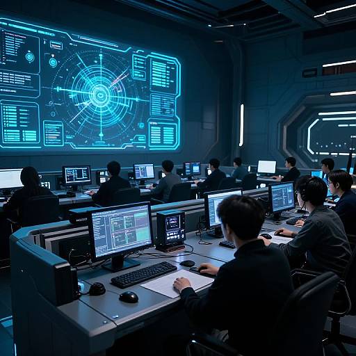 Photograph of a futuristic control room with blue-lit holographic display, multiple computer screens, and eight focused technicians in dark clothing.