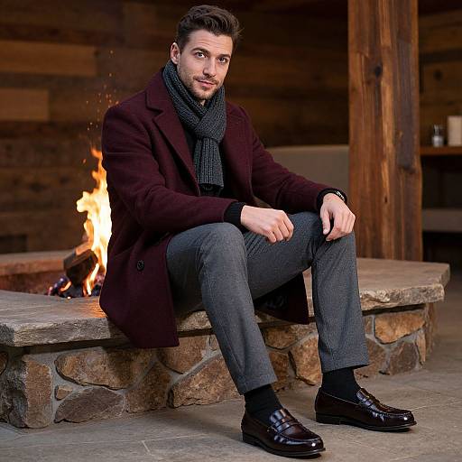 Photograph of a handsome man with dark hair and beard, wearing a dark coat, gray pants, black shoes, and scarf, sitting by a fireplace