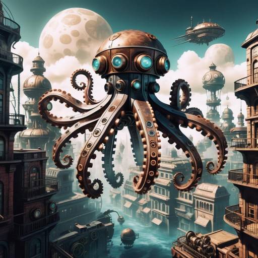 Steampunk Octopus in Dreamy Manga Scene Steampunk Octopus in Dreamy Manga Scene