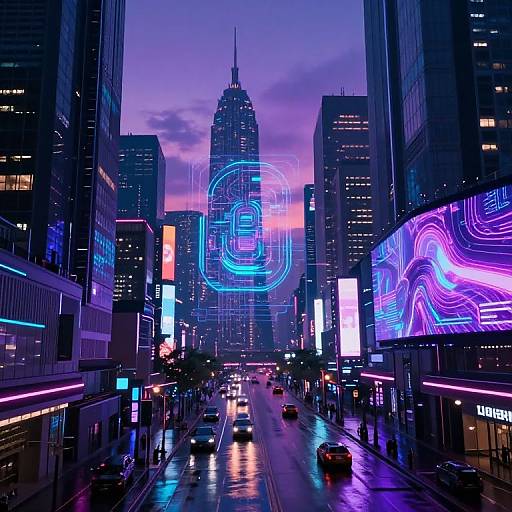 Neon-lit urban street at dusk, featuring glowing blue and purple holographic patterns on skyscrapers, reflecting on wet pavement, with traffic moving