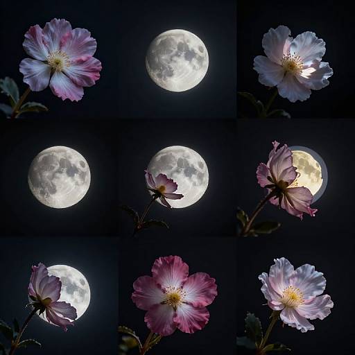Photograph collage: nine squares of pink and white flowers with full moon backgrounds, contrasting bright moons and delicate petals against dark night sky.