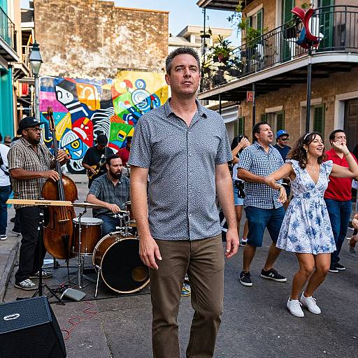 Photograph of a street band performance: male singer in blue check shirt, brown pants, surrounded by musicians and dancers, colorful graffiti backdrop, urban setting