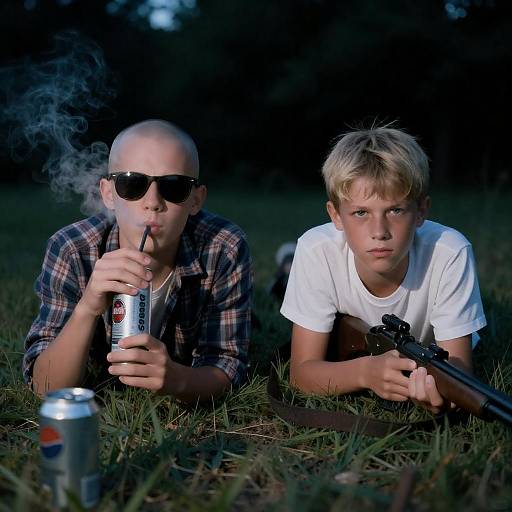 Nighttime Photo of Two Boys in Grass