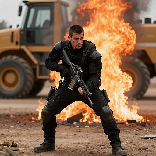 Battle-Ready Warrior in Front of Fire