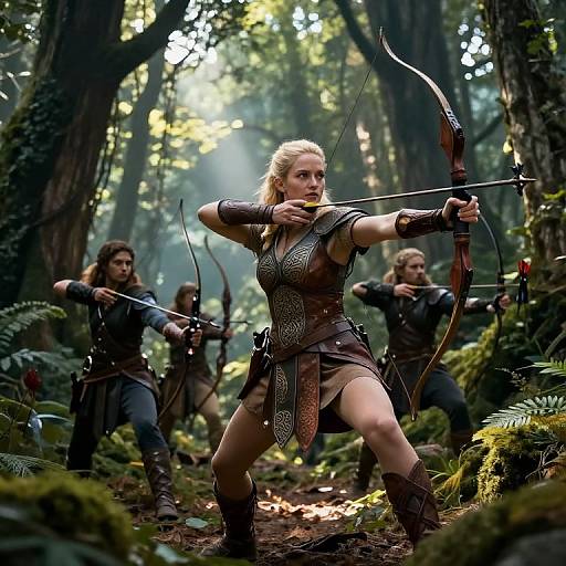 Photograph-style CGI of three blonde female archers in medieval forest, drawing bows, wearing leather and metal armor, surrounded by lush greenery and tall