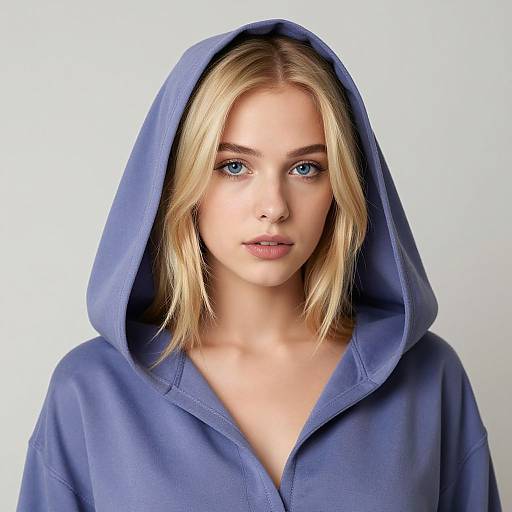 Photograph of a blonde woman with blue eyes, wearing a blue hooded sweatshirt, against a plain white background. She has a neutral expression and
