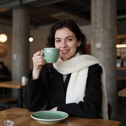 Photograph of a smiling woman with dark hair, wearing a black coat and white scarf, holding a green cup, seated at a wooden table in a