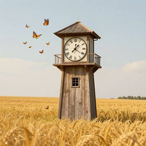 Photograph of a rustic wooden clock tower in a golden wheat field, with orange butterflies flying around against a clear blue sky.