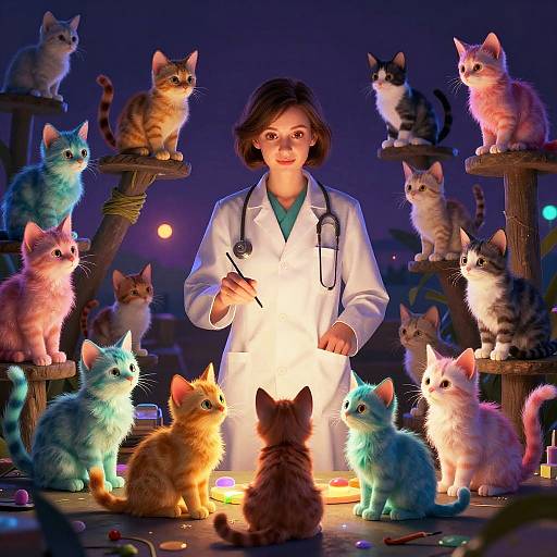 Scientist with Psychedelic Glowing Kittens
