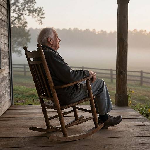Photograph of an elderly white man with gray hair, wearing a dark jacket and blue pants, rocking on a wooden porch at sunrise, with a mist