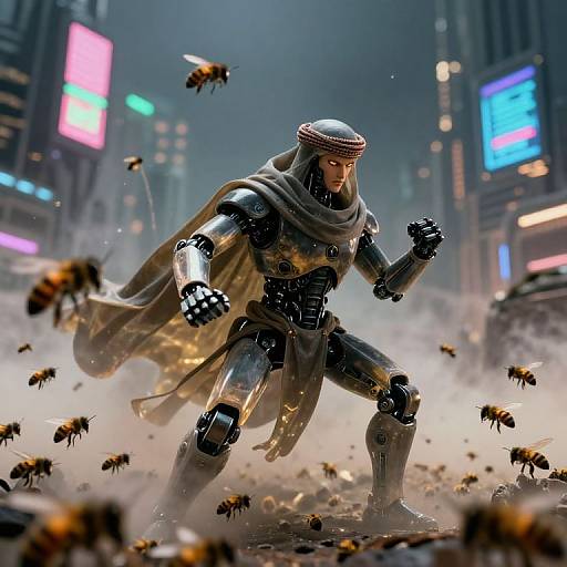 Digital artwork of a futuristic, armored warrior with a metallic helmet and grey cloak, battling swarming bees in a neon-lit, dystopian cityscape