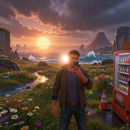 Photorealistic digital artwork: A man in a brown jacket and jeans takes a selfie at sunset on a rainy, flower-filled coastal landscape with a mountain