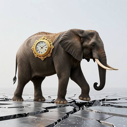 Photograph of a dark gray elephant with large ivory tusks, wearing an ornate gold clock on its back, standing on a reflective, cracked black