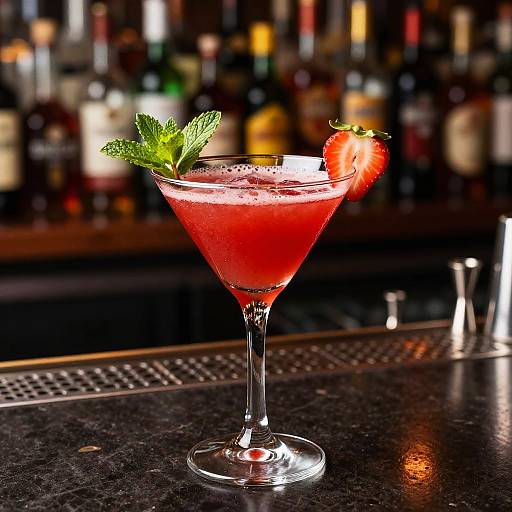 Photograph of a vibrant red cocktail with a mint garnish, strawberry slice, and ice in a martini glass on a bar counter, blurred liquor