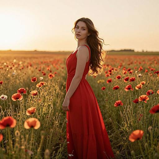 Photograph of a brunette woman in a flowing red dress standing in a vibrant red poppy field at sunset, with a golden sky in the background.