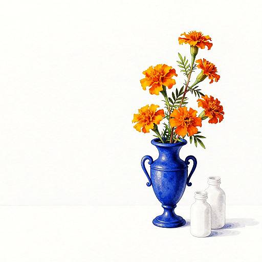 Cobalt Vase with Marigolds on Watercolor