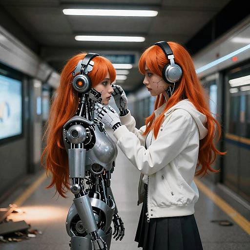 Photorealistic CGI of a human girl with long red hair, white hoodie, and black skirt, gently touching a silver, humanoid robot with matching red