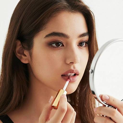 Young Woman Applying Lip Gloss Close-Up