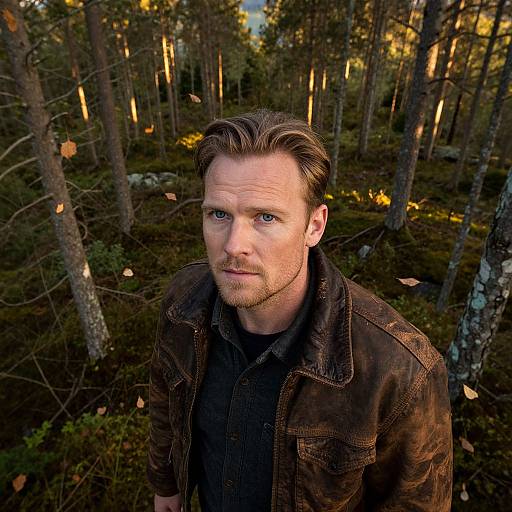 Photograph of a bearded, blue-eyed man with light skin and brown hair, wearing a dark denim jacket, standing in a sunlit forest with