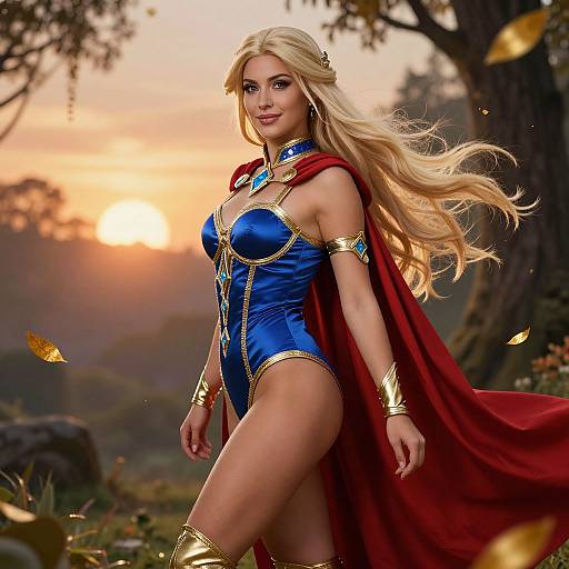 Digital artwork of a blonde, blue-eyed woman in a blue, gold-trimmed bodysuit, red cape, and gold armlets, standing