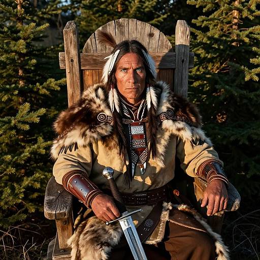 Photograph of a Native American warrior with long black hair, wearing fur and leather, seated on a wooden throne, holding a sword, against a backdrop
