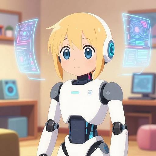 Digital anime-style drawing of a cute blonde-haired, blue-eyed robot girl with white and black armor, glowing blue holograms, in a cozy, blurred