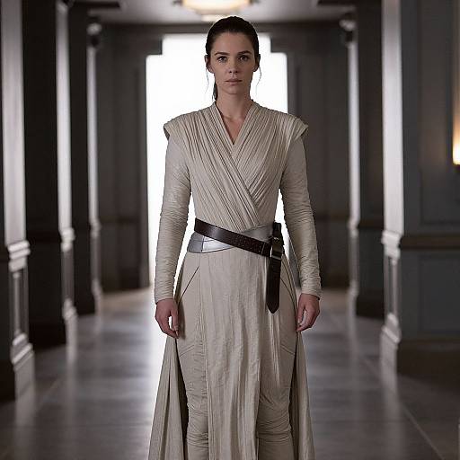 Photograph of a serious woman in a white, draped, long-sleeve dress with a black belt, standing in a dimly-lit hallway