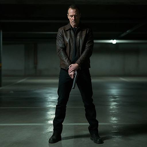 Photograph of a serious, middle-aged man in a dark leather jacket and black pants, standing in a dimly lit, empty parking garage, holding