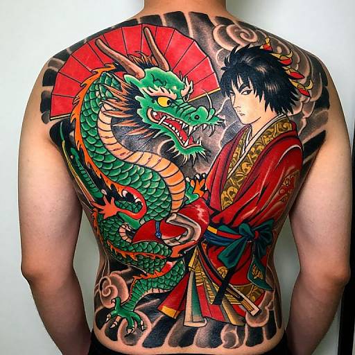 Vivid tattoo of a green dragon with red sunburst behind, facing a black-haired man in red kimono on a muscular back.