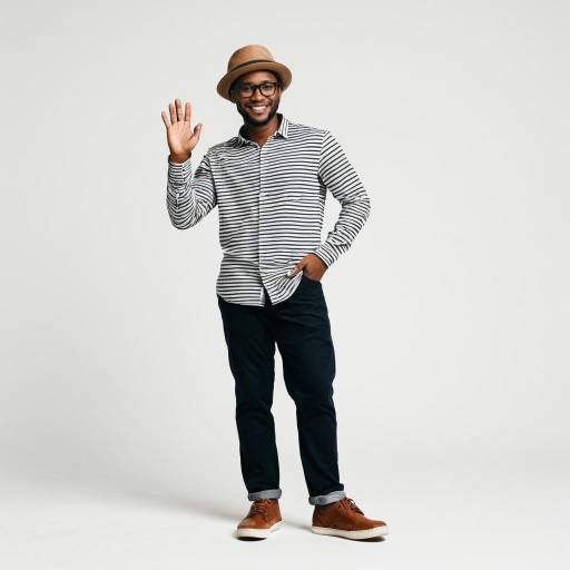 Smiling Man Waving in Striped Shirt and Hat