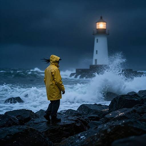 Photograph of a person in a yellow raincoat standing on rocky shore, facing a glowing lighthouse during stormy, dark blue night.