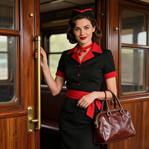 Vintage-styled woman with dark wavy hair, red lipstick, and black dress with red accents, holding brown handbag, standing in wooden train door