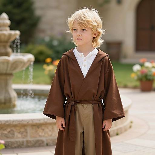 Photograph of a young blond boy with light skin wearing a brown robe and white shirt, standing in a sunlit garden with a fountain in the background